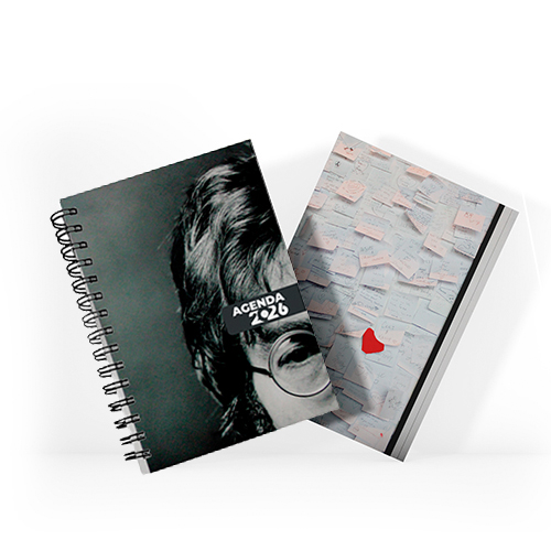 Agenda 2026 tamanho 15x21cm com capa dura em papel empastada com cartão e debrú laminação Prolan, lombada quadrada ou wire-o e miolo pronto